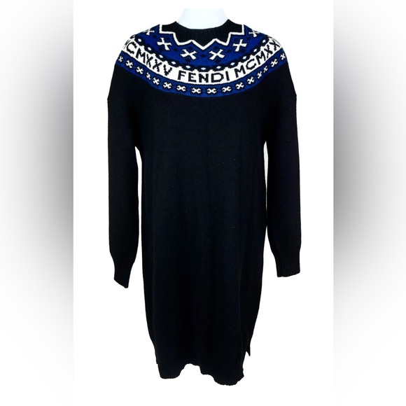 FENDI Black Fair Isle Wool Cashmere Knit Sweater Dress Size 42 It, 6 US - Picture 2 of 9